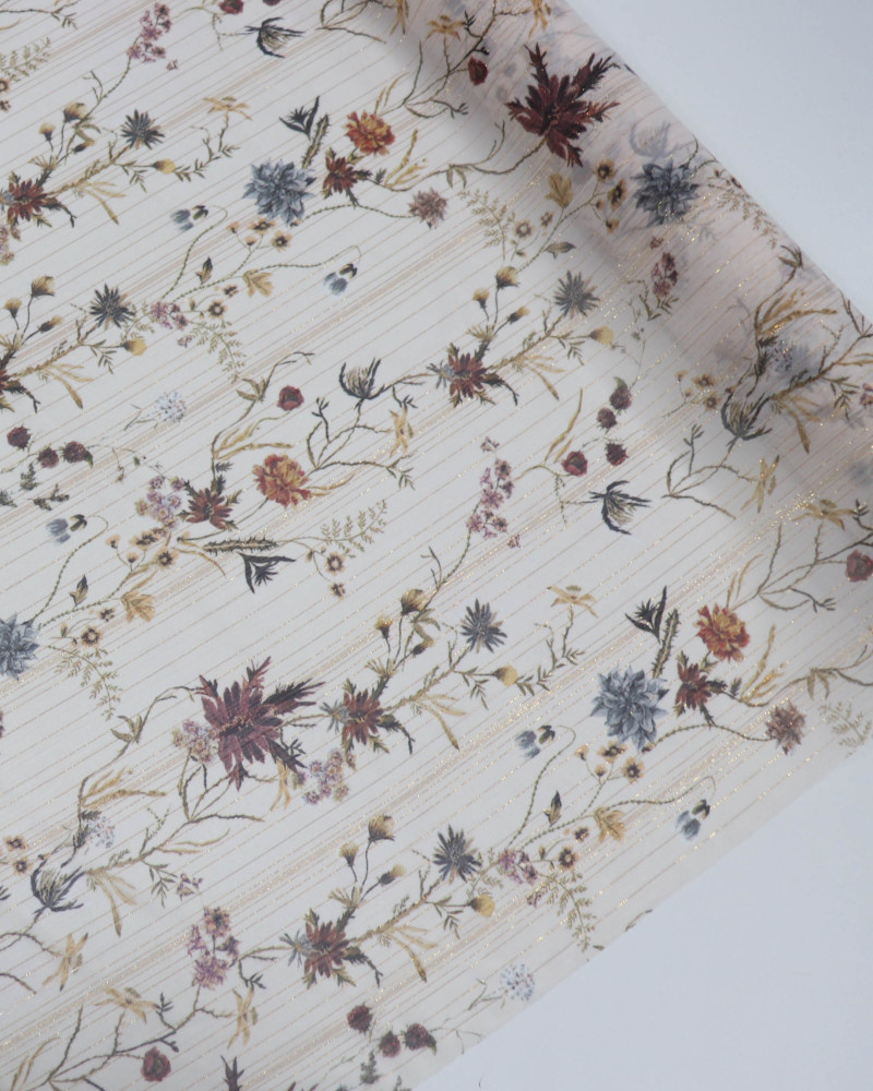 Tecido Crepe Chiffon Italiano Com Lurex Ramos e Flores Colorido e Bege