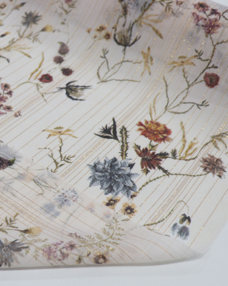 Tecido Crepe Chiffon Italiano Com Lurex Ramos e Flores Colorido e Bege