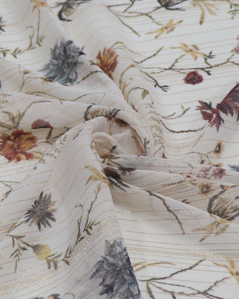 Tecido Crepe Chiffon Italiano Com Lurex Ramos e Flores Colorido e Bege