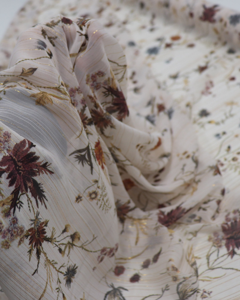 Tecido Crepe Chiffon Italiano Com Lurex Ramos e Flores Colorido e Bege