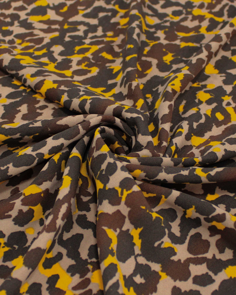 Tecido Crepe de Viscose Animal Print e Listras Amarelo, Marrom e Bege