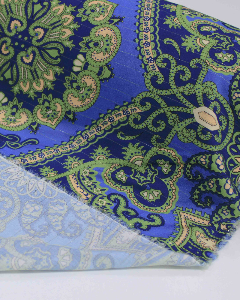 Tecido Viscose Premium com Lurex Boho Chique Creme, Verde e Tons de Azul