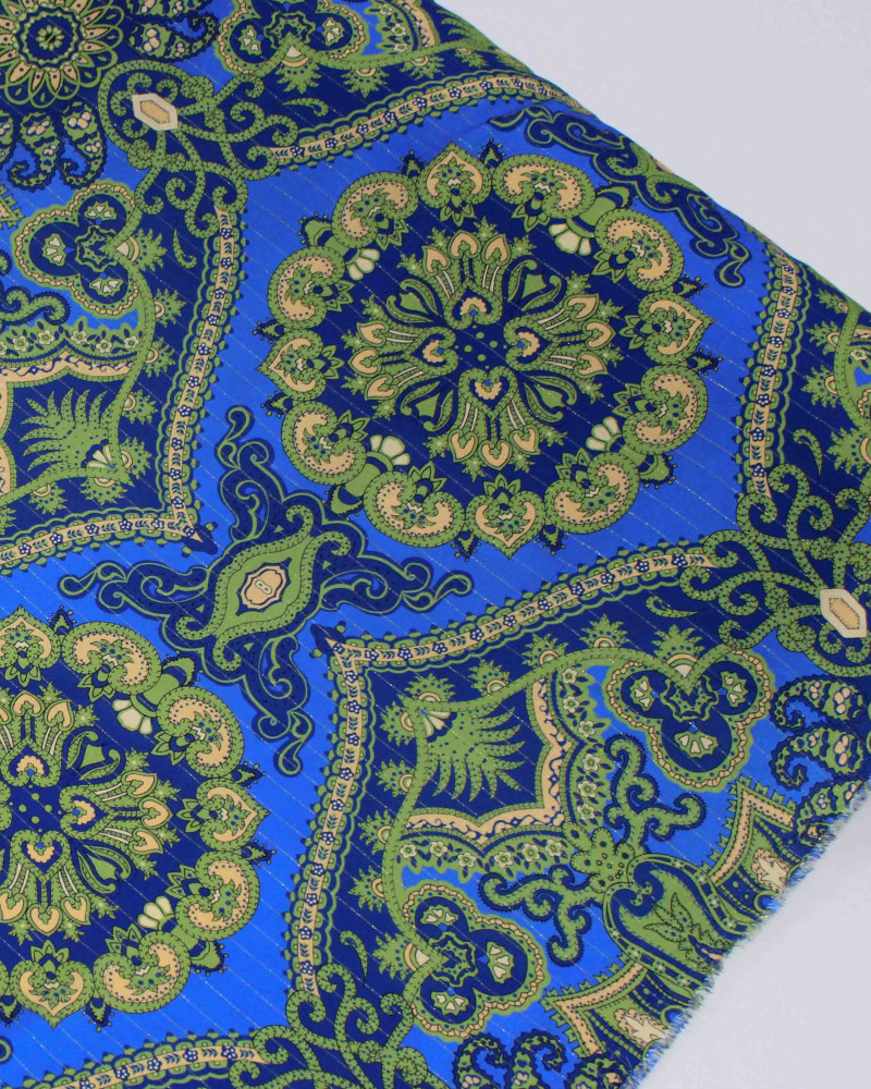 Tecido Viscose Premium com Lurex Boho Chique Creme, Verde e Tons de Azul