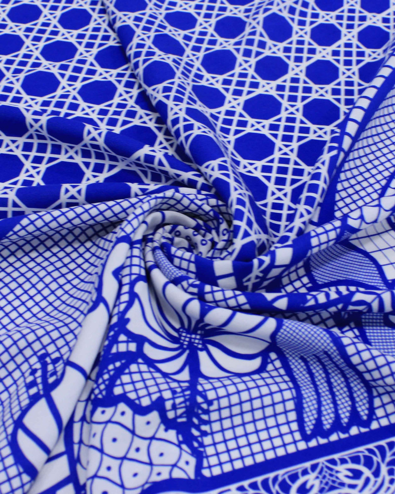 Tecido Viscose Premium Barrado Duplo Geométrico e Tropical Branco e Azul