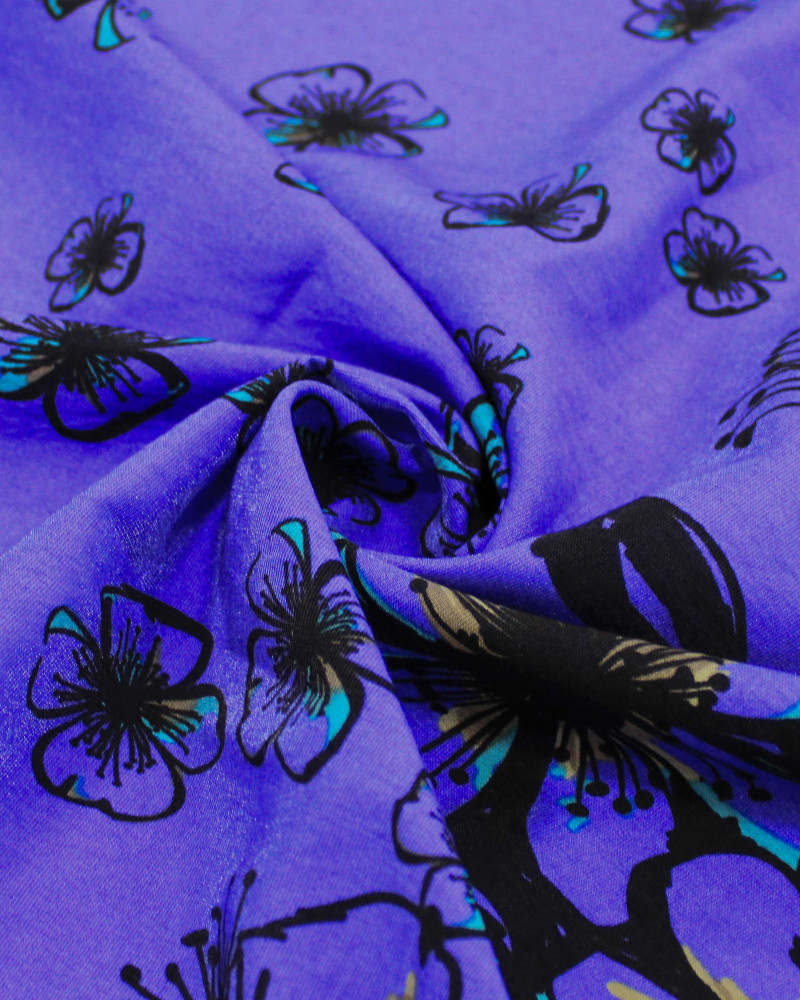 Tecido Viscose Mista com Poliamida Grosso Barrado Floral Bege, Preto e Azul