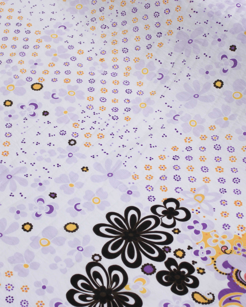 Tecido Viscose Mista com Poliamida Grosso Barrado Cashmere Floral Amarelo, Roxo e Branco