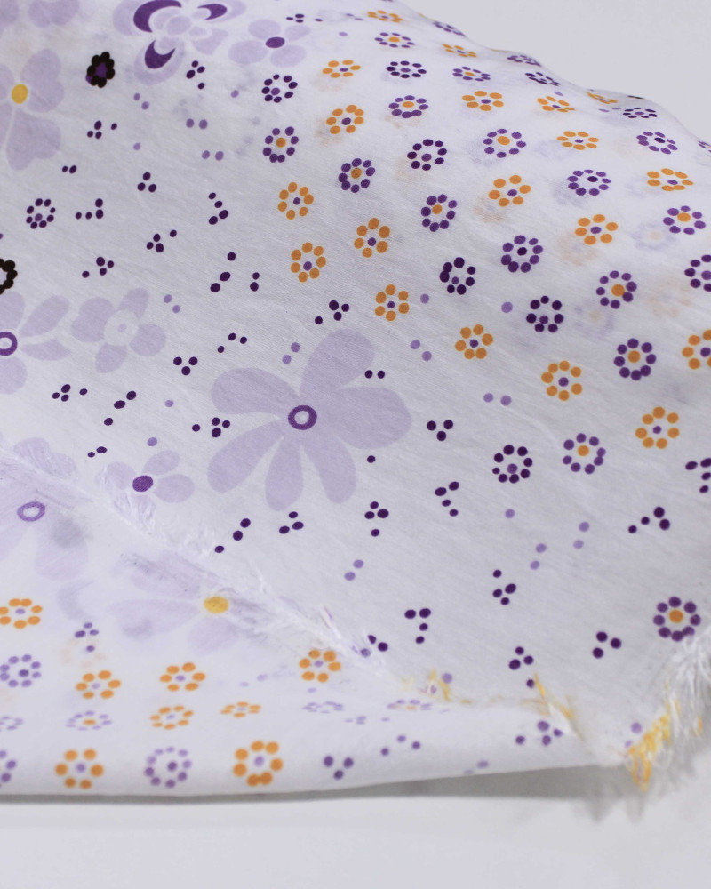 Tecido Viscose Mista com Poliamida Grosso Barrado Cashmere Floral Amarelo, Roxo e Branco