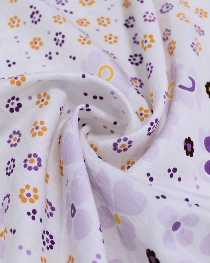 Tecido Viscose Mista com Poliamida Grosso Barrado Cashmere Floral Amarelo, Roxo e Branco