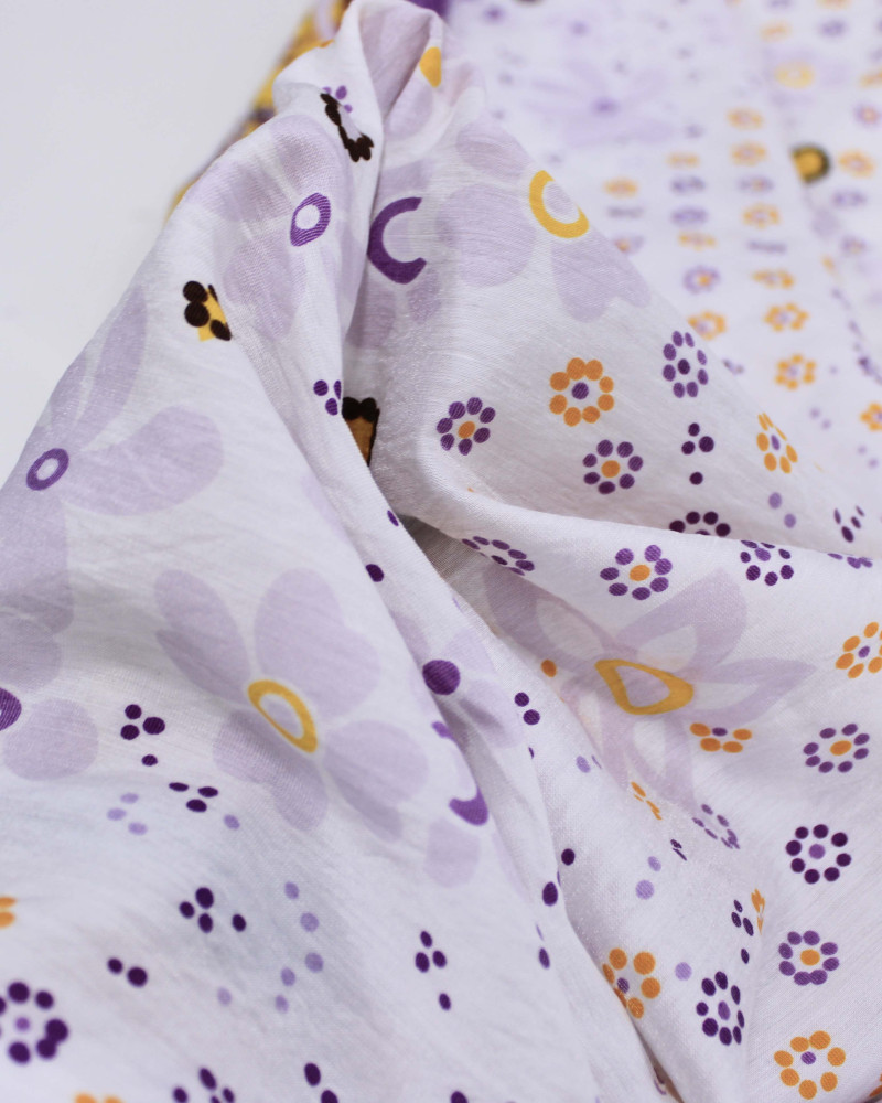 Tecido Viscose Mista com Poliamida Grosso Barrado Cashmere Floral Amarelo, Roxo e Branco