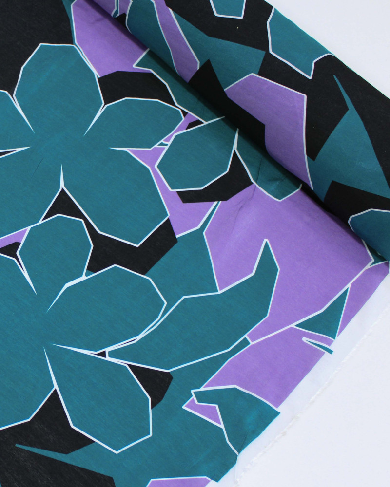 Tecido Viscose Mista com Poliamida Tapete Floral Abstrato Preto, Lilás e Verde
