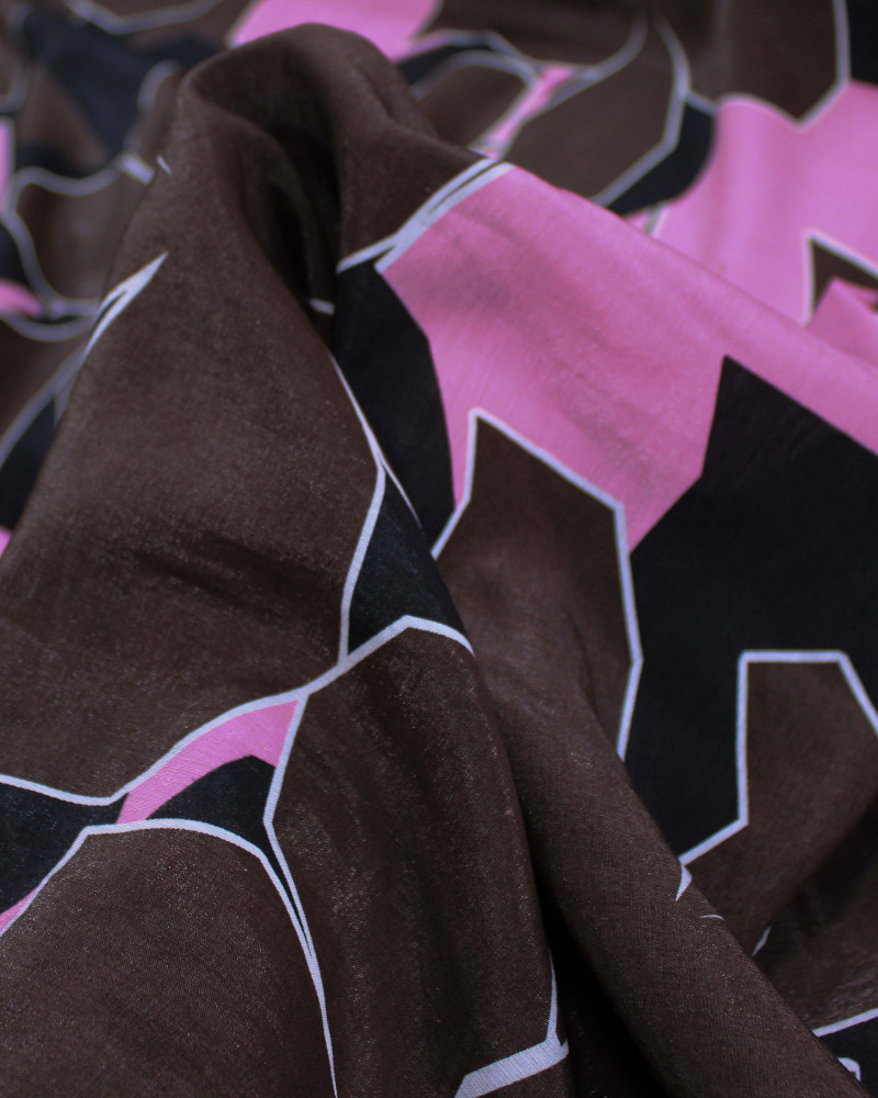 Tecido Viscose Mista com Poliamida Tapete Floral Abstrato Rosa, Preto e Marrom