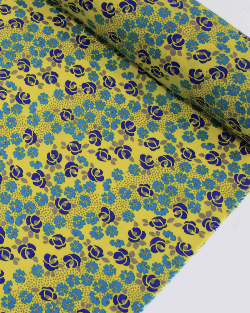 Tecido Viscose Mista com Poliamida Micro Tapete Floral Verde Água, Violeta e Amarelo