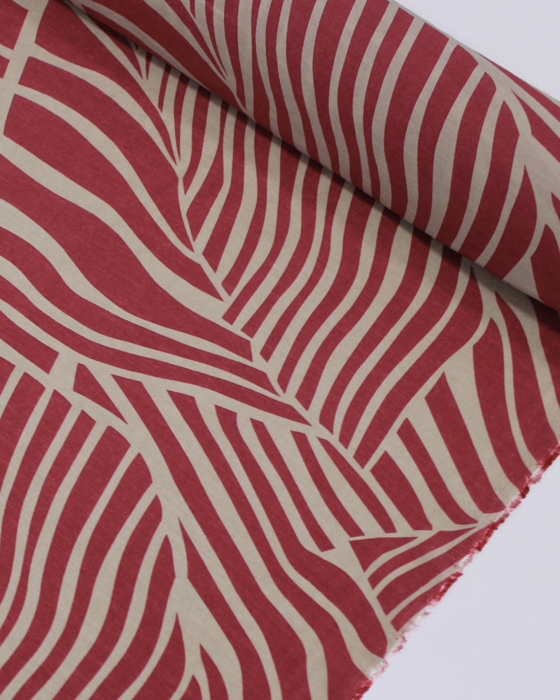 Tecido Viscose Mista com Poliamida Listras Geométricas Irregulares Magenta e Bege