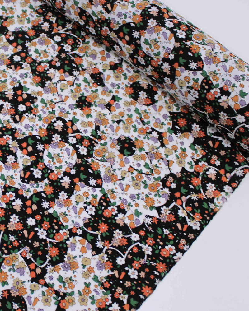 Tecido Viscose Mista com Poliamida Grosso Tapete Floral Tons Quentes, Preto e Branco