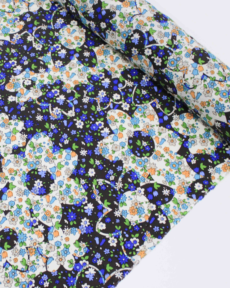 Tecido Viscose Mista com Poliamida Grosso Tapete Floral Tons Frios, Preto e Offwhite