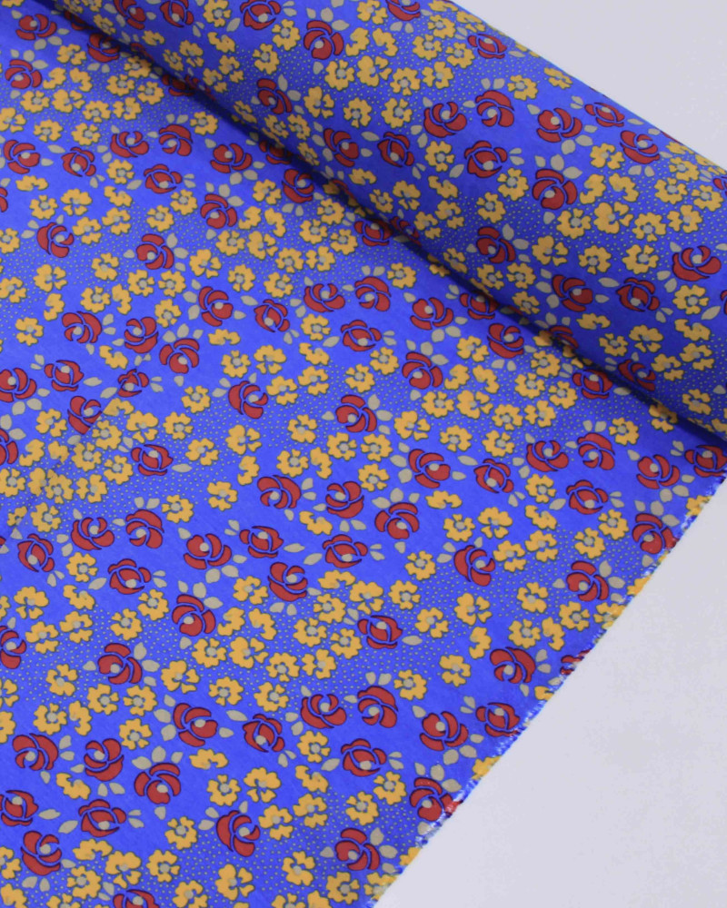 Tecido Viscose Mista com Poliamida Micro Tapete Floral Amarelo, Vermelho e Azul
