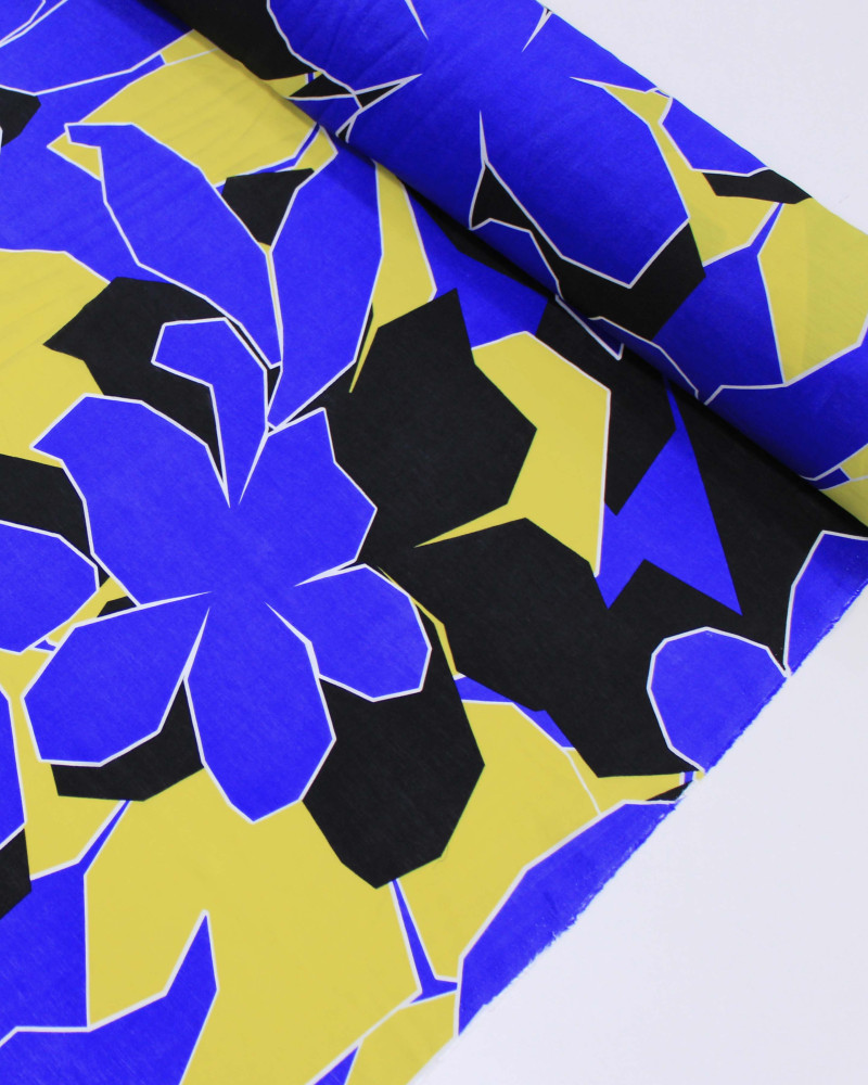 Tecido Viscose Mista com Poliamida Tapete Floral Abstrato Preto, Amarelo e Azul