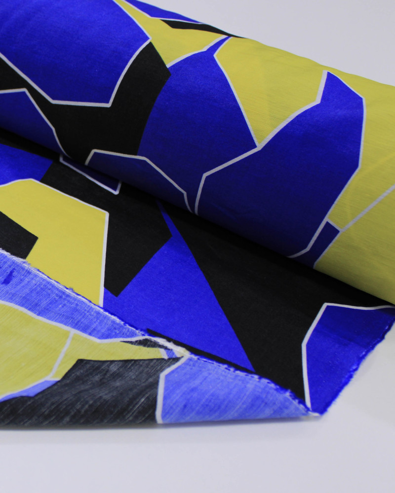 Tecido Viscose Mista com Poliamida Tapete Floral Abstrato Preto, Amarelo e Azul