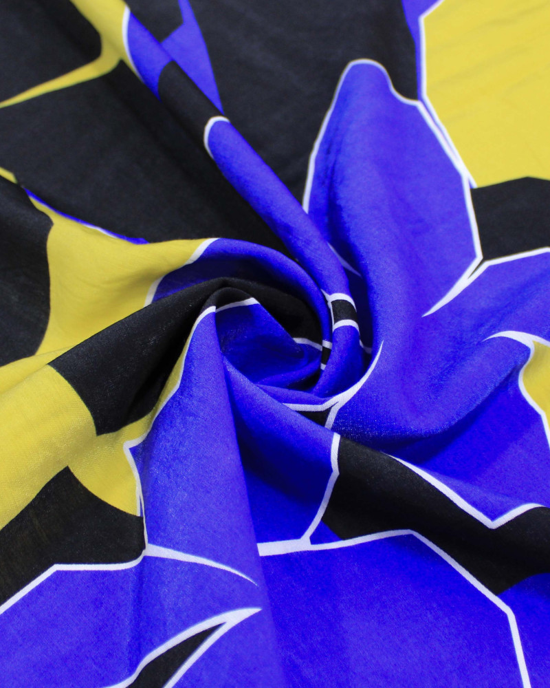 Tecido Viscose Mista com Poliamida Tapete Floral Abstrato Preto, Amarelo e Azul