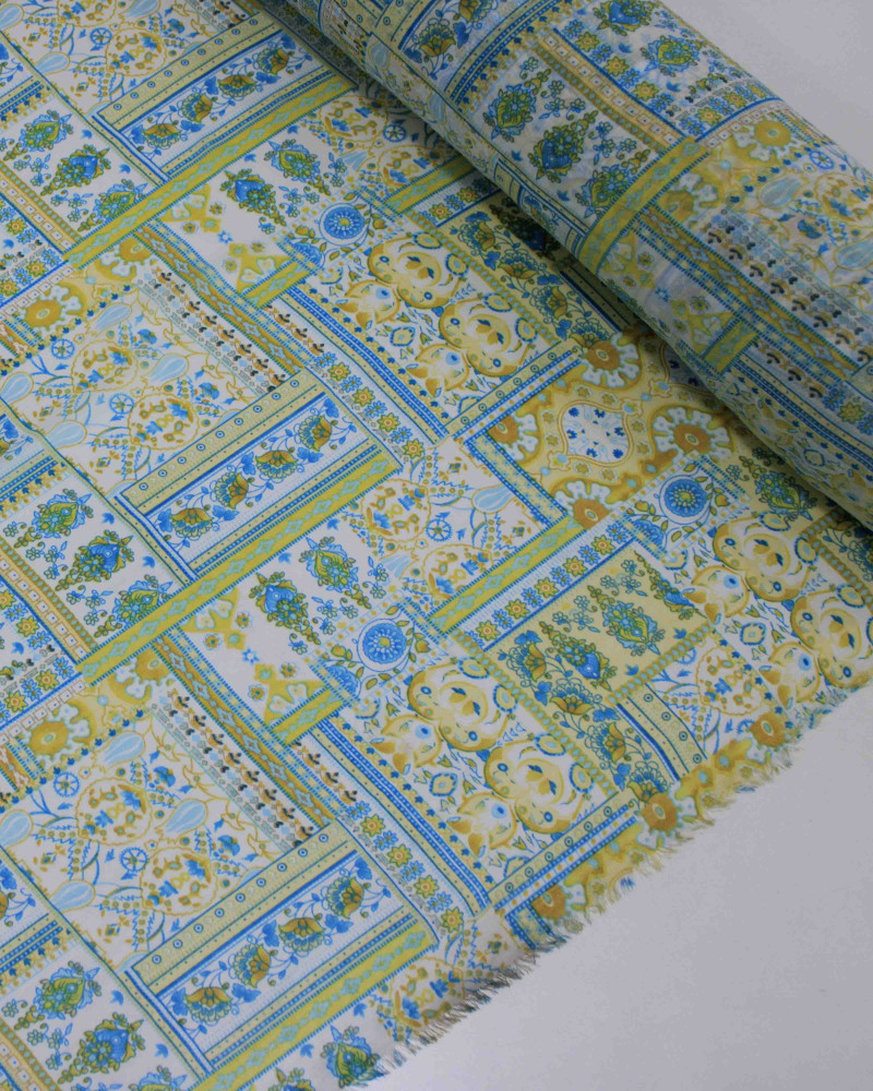 Tecido Crepe Chiffon Texturizado Muli Estampas Azul e Tons de Amarelo