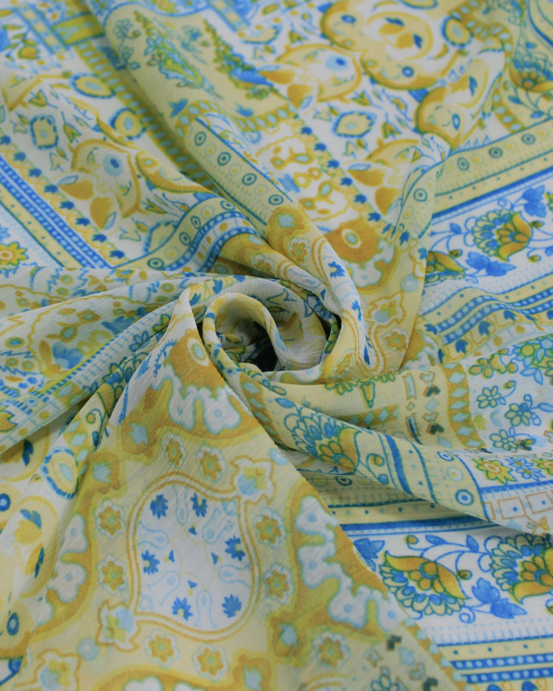 Tecido Crepe Chiffon Texturizado Muli Estampas Azul e Tons de Amarelo