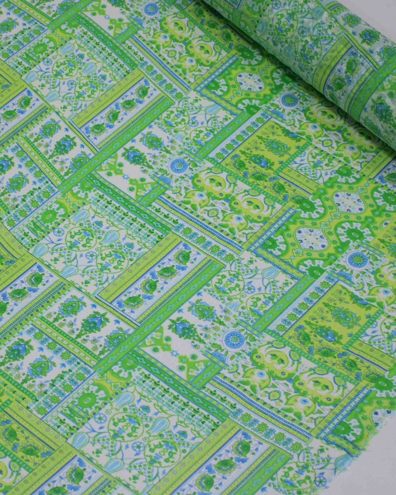 Tecido Crepe Chiffon Texturizado Multi Estampas Azul e Tons de Verde