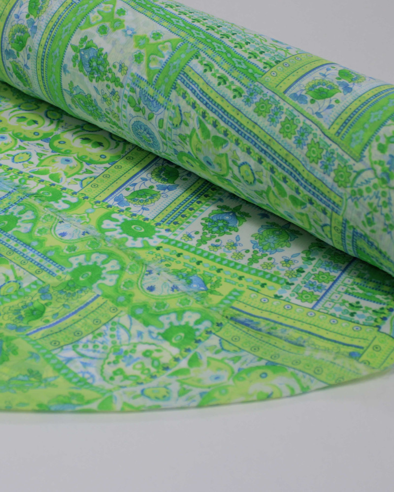 Tecido Crepe Chiffon Texturizado Multi Estampas Azul e Tons de Verde