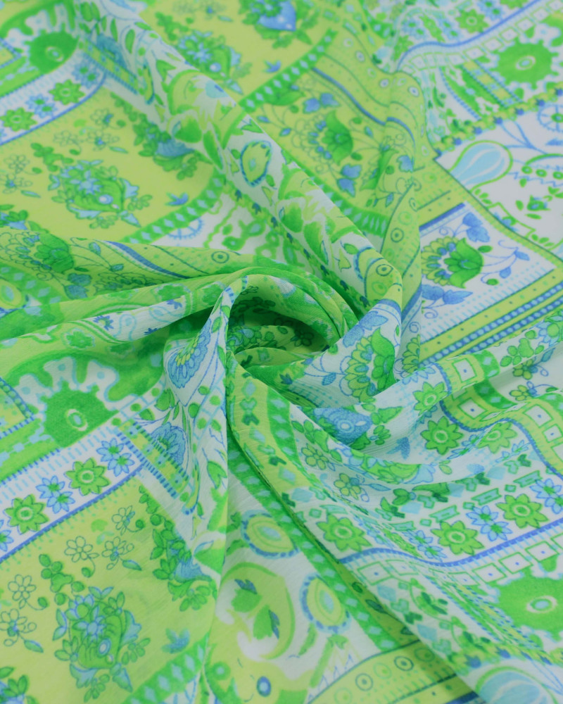 Tecido Crepe Chiffon Texturizado Multi Estampas Azul e Tons de Verde