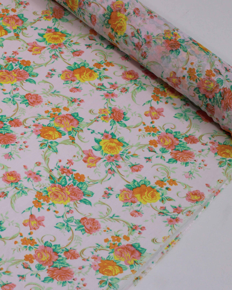 Tecido Crepe Chiffon Texturizado Campo Floral Verde, Laranja e Tons de Rosa