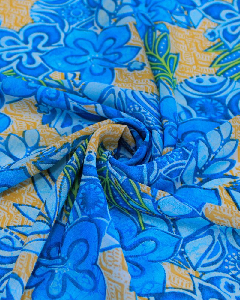 Tecido Crepe Chiffon Ramos e Flores Verde, Tons de Azul e Amarelo