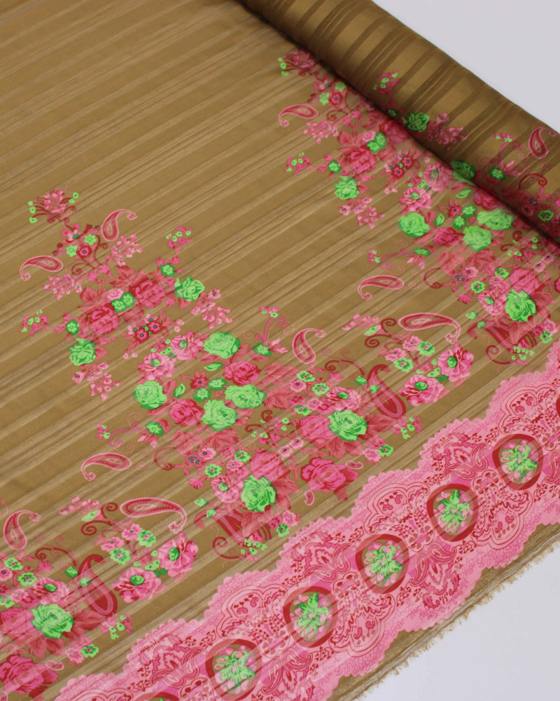 Tecido Crepe Chiffon Brocado Barrado Duplo Cashmere Floral Verde, Rosa e Capuccino