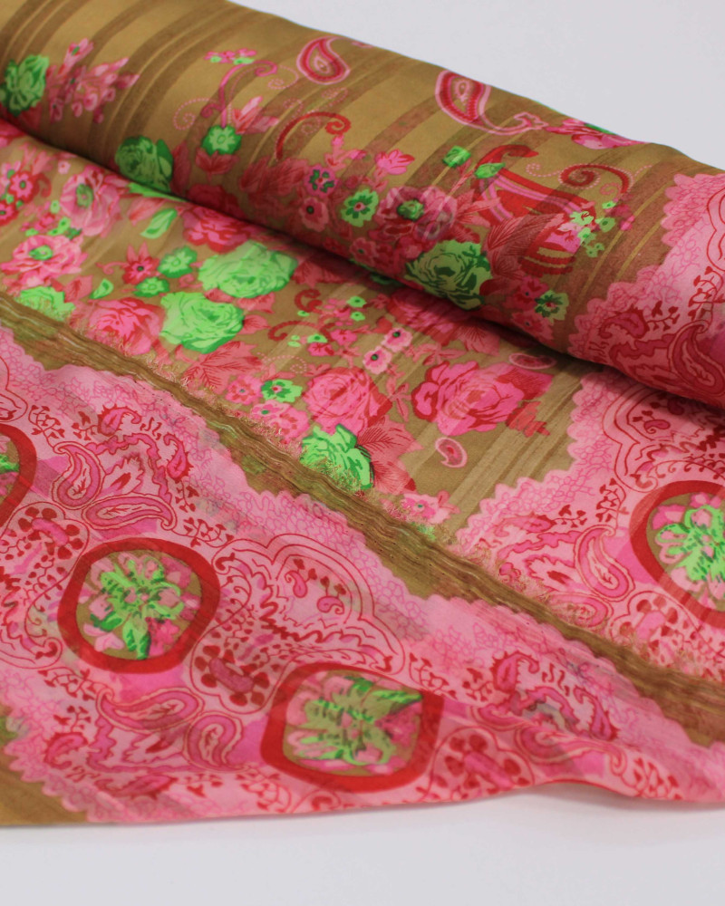 Tecido Crepe Chiffon Brocado Barrado Duplo Cashmere Floral Verde, Rosa e Capuccino