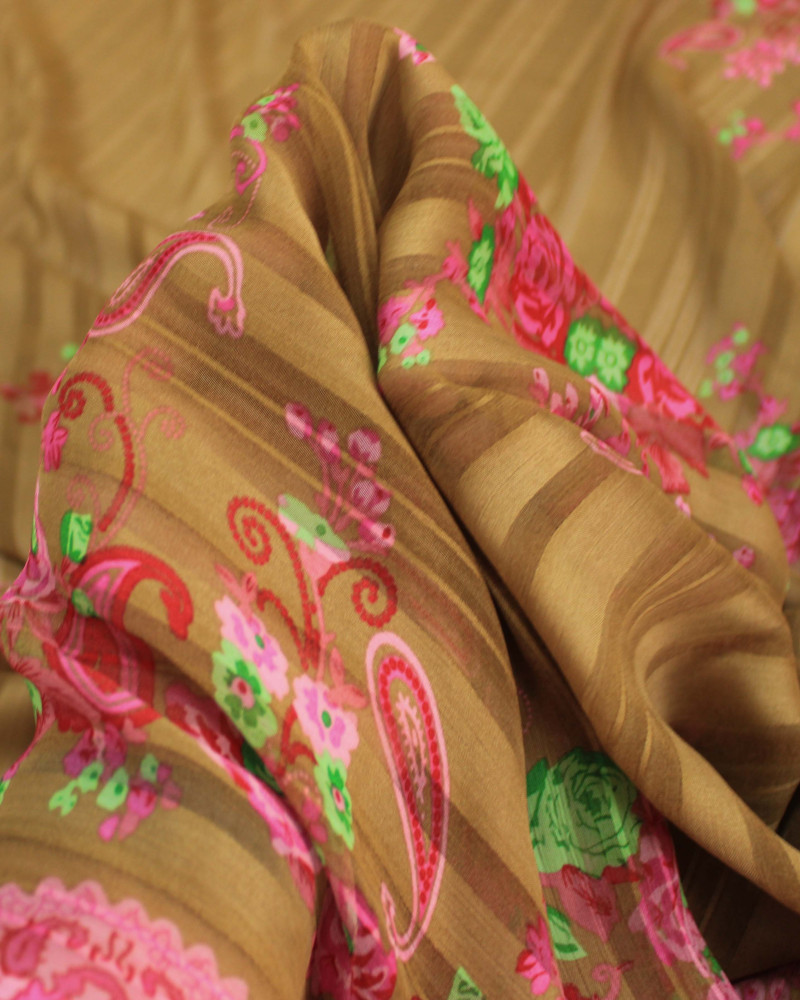 Tecido Crepe Chiffon Brocado Barrado Duplo Cashmere Floral Verde, Rosa e Capuccino