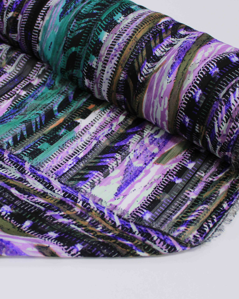 Tecido Crepe Chiffon Brocado Listras Branco, Verde e Tons de Verde