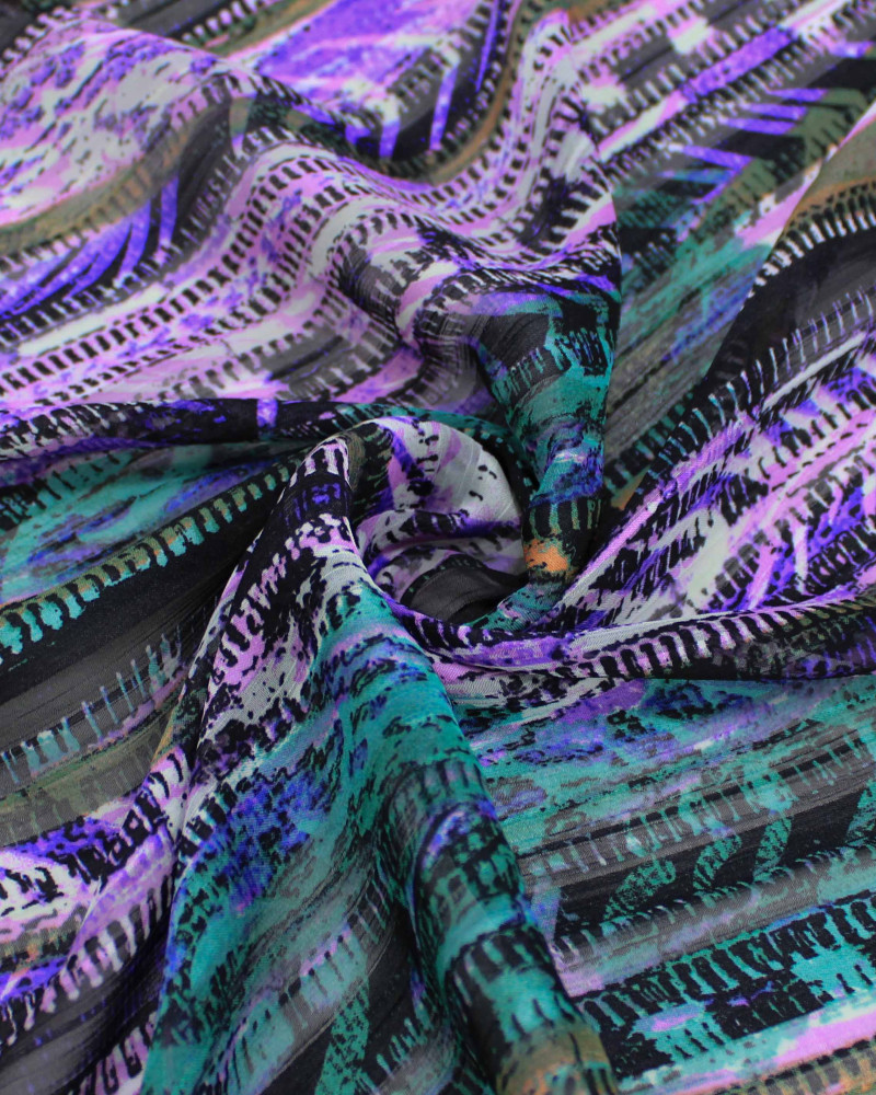 Tecido Crepe Chiffon Brocado Listras Branco, Verde e Tons de Verde