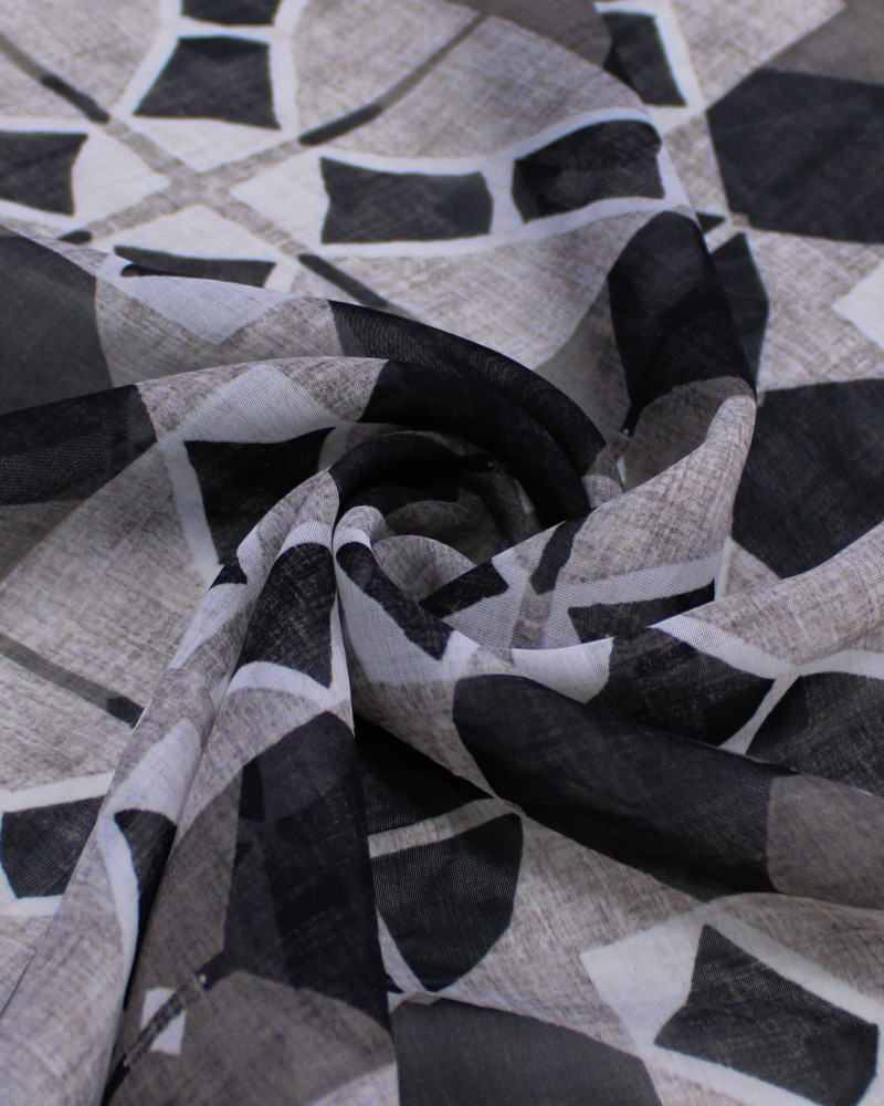 Tecido Crepe Chiffon Italiano Quadriculado Estampado Preto e Tons de Cinza