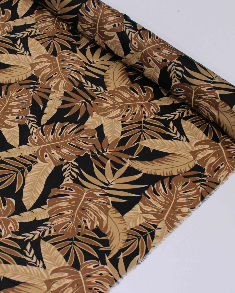 Tecido Crepe Silk Italiano Multi Folhagens Tons de Marrom e Preto