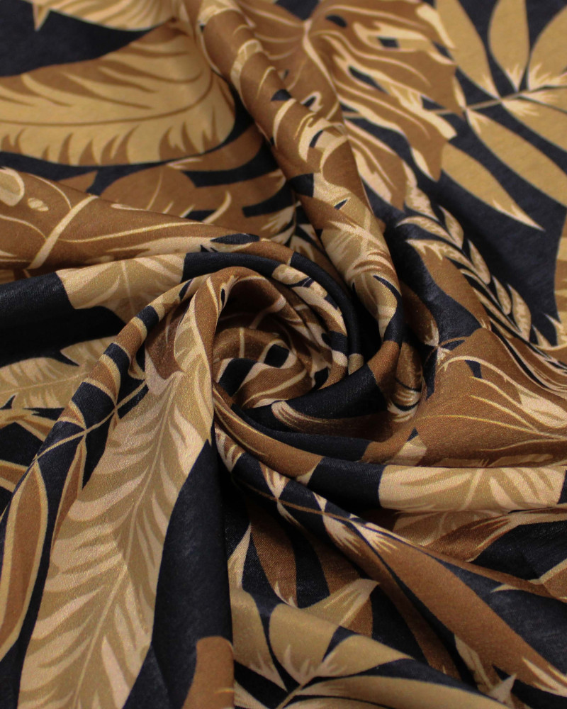 Tecido Crepe Silk Italiano Multi Folhagens Tons de Marrom e Preto