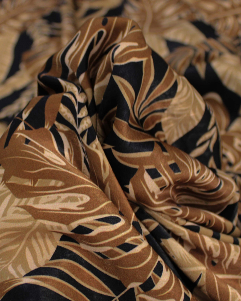 Tecido Crepe Silk Italiano Multi Folhagens Tons de Marrom e Preto