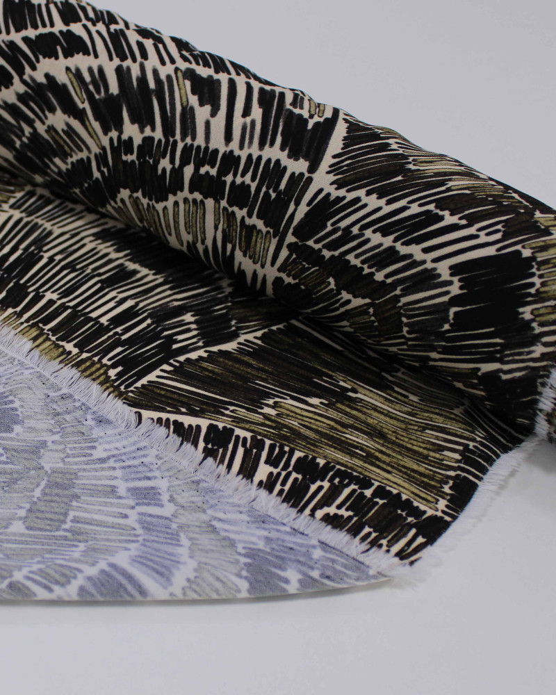 Tecido Crepe Koshibo Grosso Italiano Estampa Abstrata em Riscos Tons Terrosos e Creme