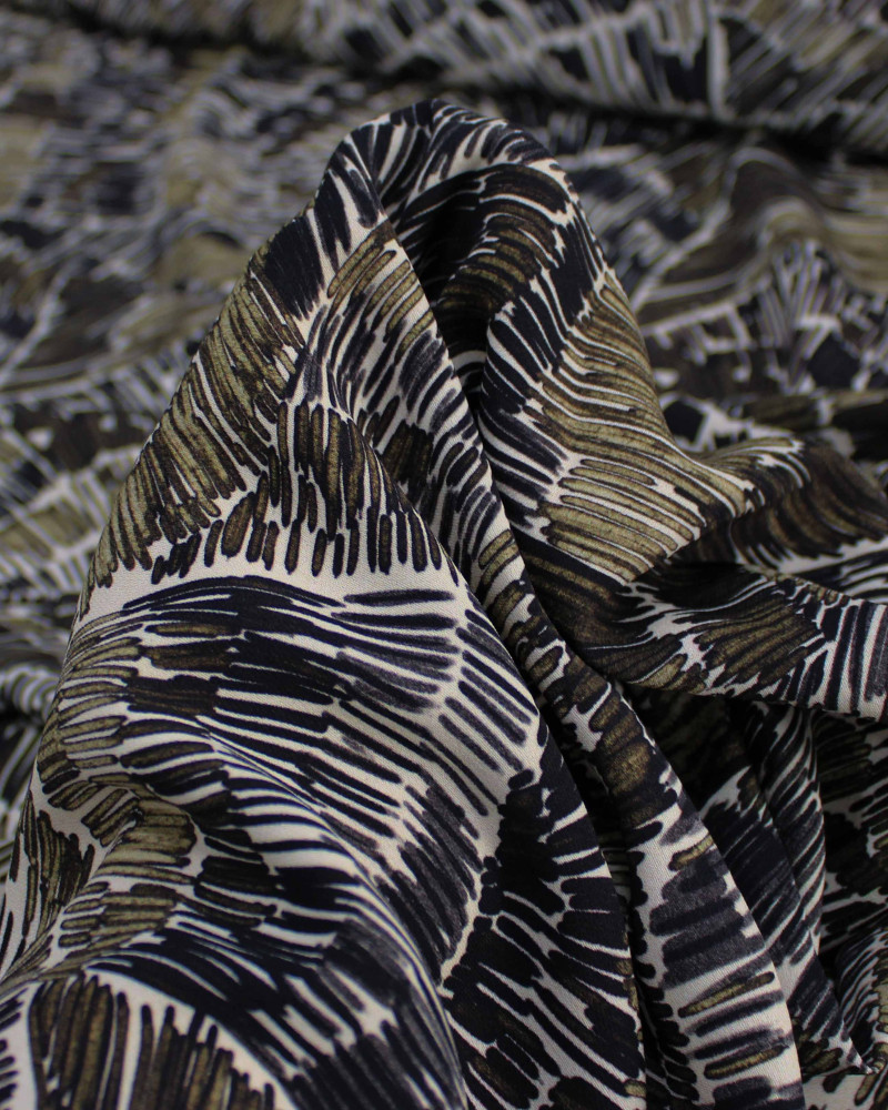 Tecido Crepe Koshibo Grosso Italiano Estampa Abstrata em Riscos Tons Terrosos e Creme