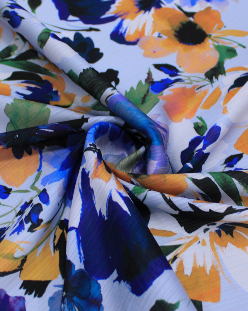 Tecido Crepe Chiffon Texturizado Italiano Tapete Floral Colorido e Tons de Azul