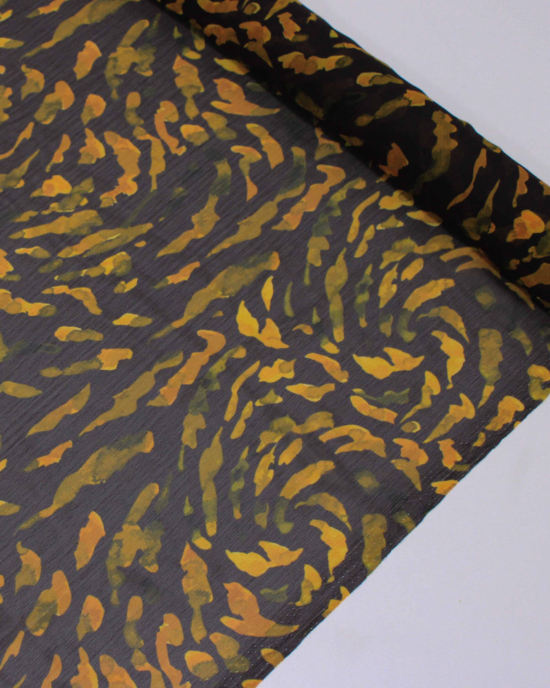 Tecido Crepe Chiffon Texturizado Italiano Animal Print Abtrato Tons de Amarelo e Marrom
