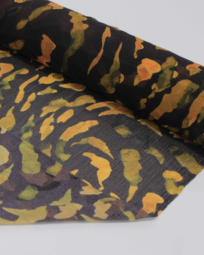 Tecido Crepe Chiffon Texturizado Italiano Animal Print Abtrato Tons de Amarelo e Marrom
