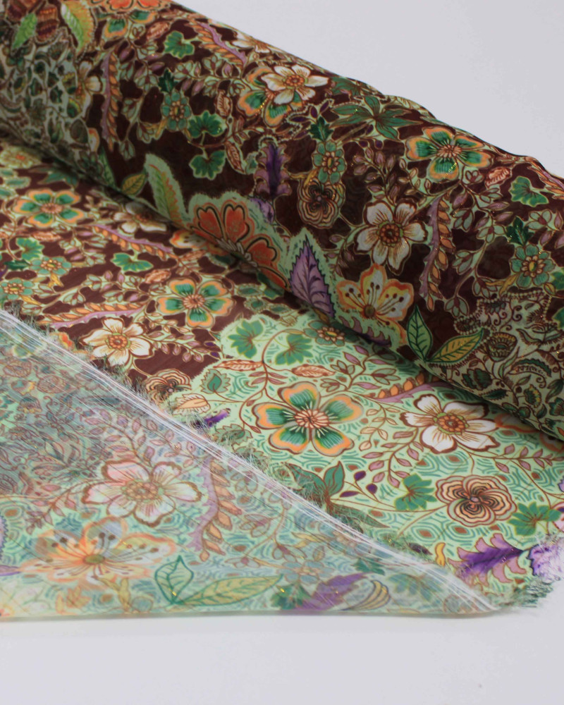 Tecido Crepe Chiffon Italiano com Lurex Micro Tapete Floral Colorido