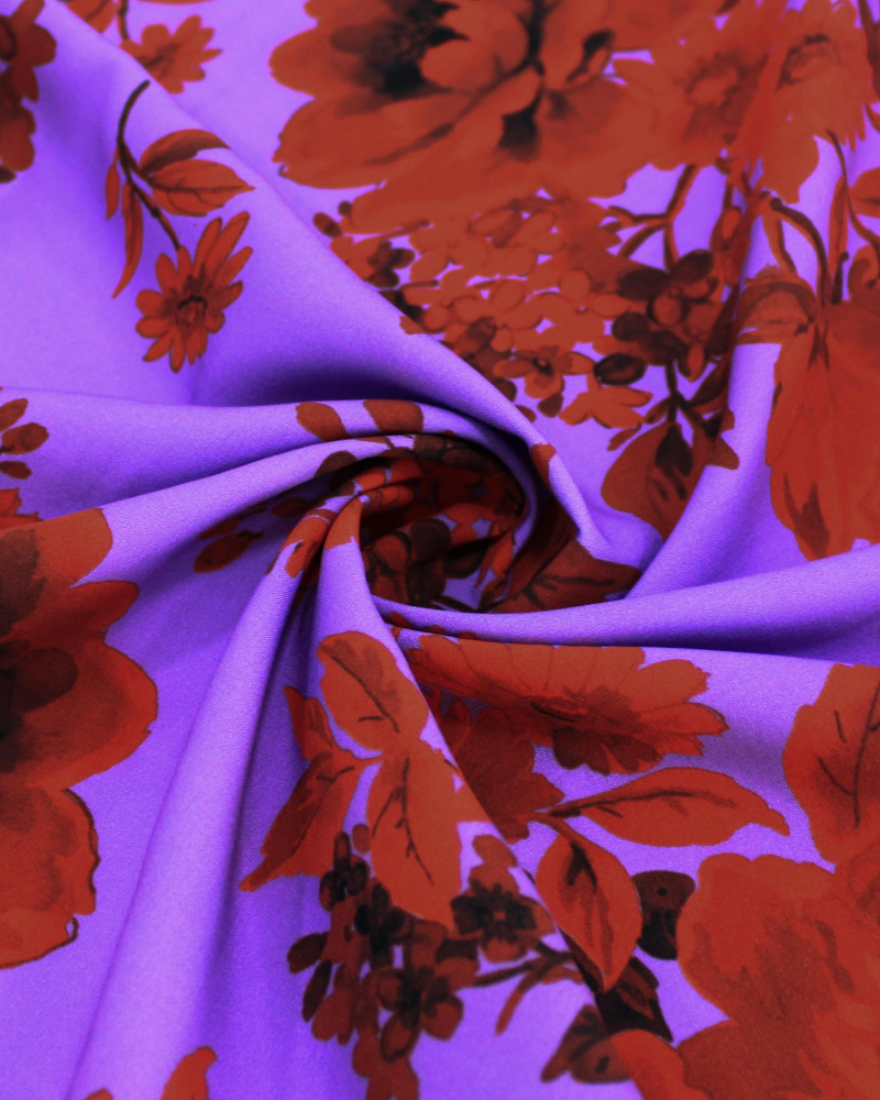 Tecido Viscose Italiano Macro Flores Vermelho e Lilás