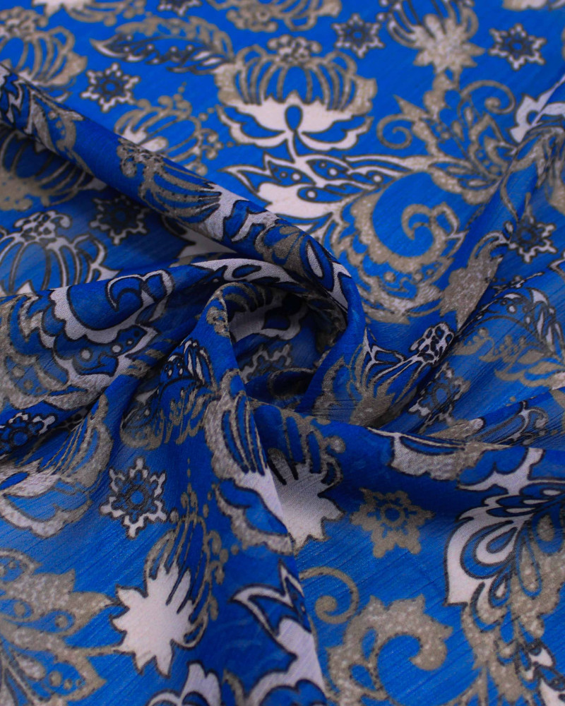 Tecido Crepe Chiffon Texturizado Italiano Tapete Floral Cinza e Azul