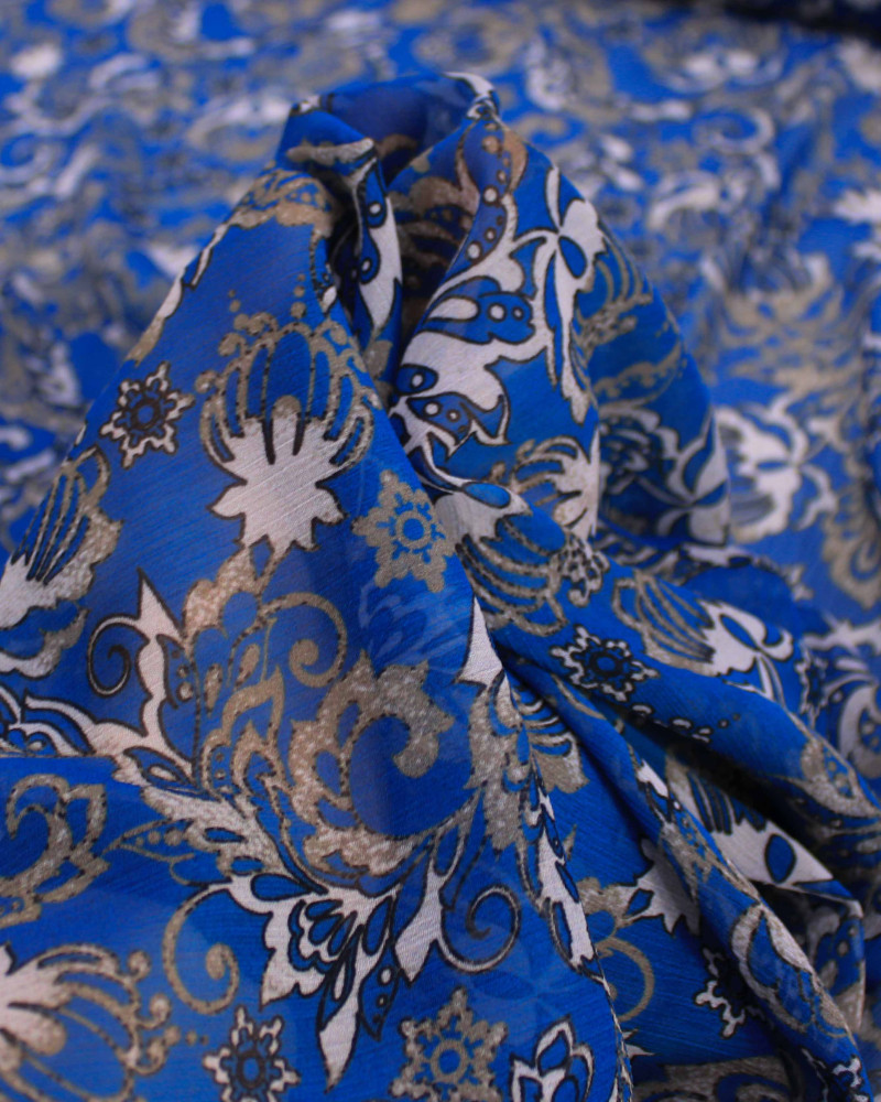 Tecido Crepe Chiffon Texturizado Italiano Tapete Floral Cinza e Azul