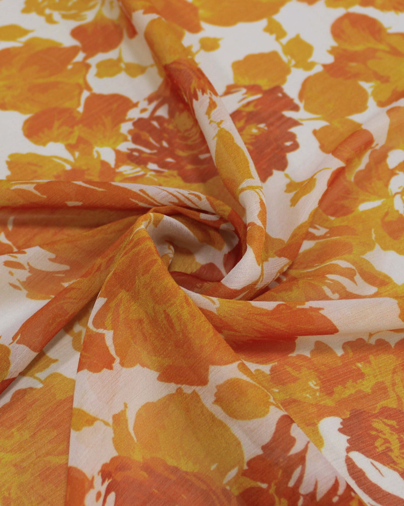 Tecido Crepe Chiffon Texturizado Italiano Tapete Floral Abstrato Tons de Laranja e Branco
