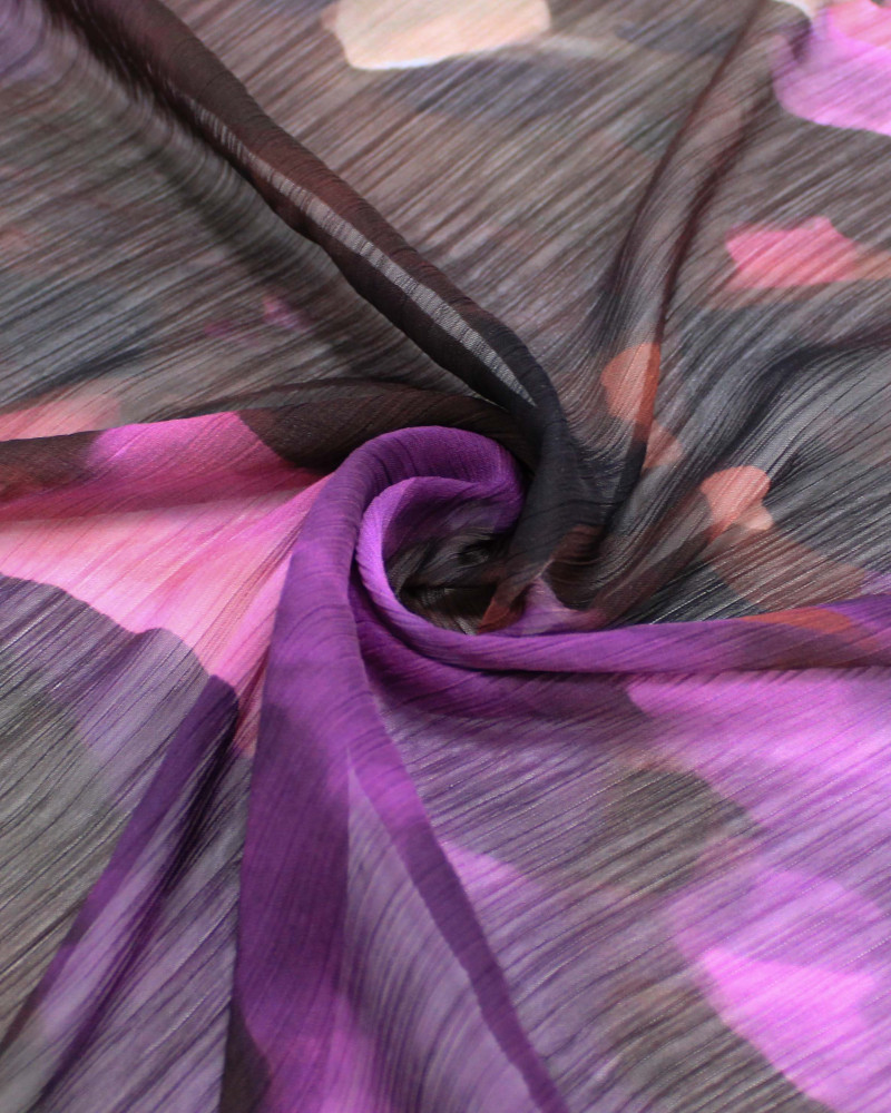 Tecido Crepe Chiffon Texturizado Italiano Estampa Abstrata Tons de Roxo